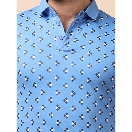 Rosolly Men's Casual Cotton Printed Polo Neck Half Sleeve T-Shirt (Blue)