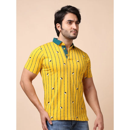 Rosolly Men's Casual Cotton Printed Polo Neck Half Sleeve T-Shirt (Yellow)