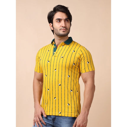 Rosolly Men's Casual Cotton Printed Polo Neck Half Sleeve T-Shirt (Yellow)