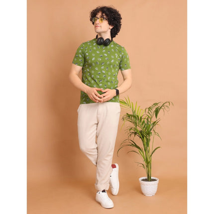 Rosolly Men's Casual Cotton Printed Round Neck Half Sleeve T-Shirt (Green)