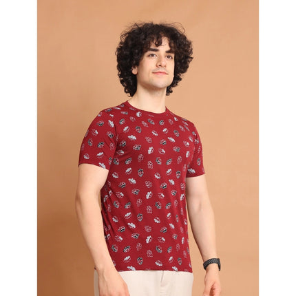 Rosolly Men's Casual Cotton Printed Round Neck Half Sleeve T-Shirt (Maroon)