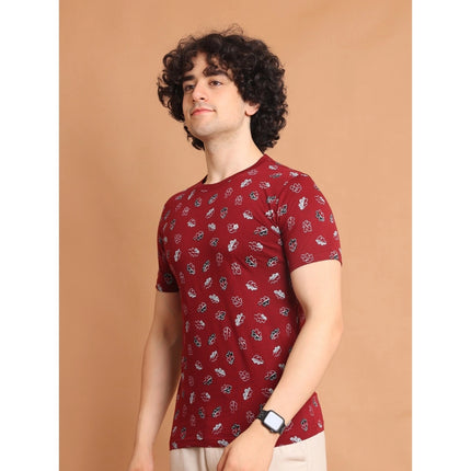Rosolly Men's Casual Cotton Printed Round Neck Half Sleeve T-Shirt (Maroon)