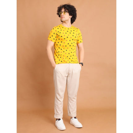 Rosolly Men's Casual Cotton Printed Round Neck Half Sleeve T-Shirt (Yellow)