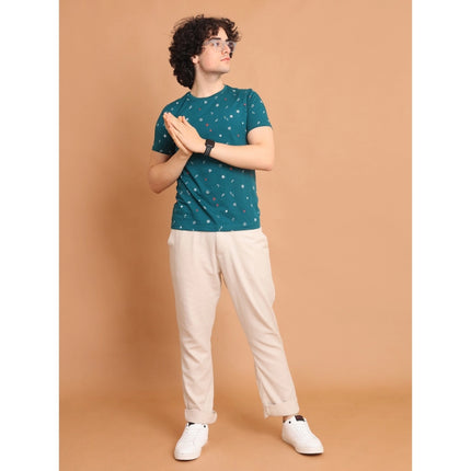 Rosolly Men's Casual Cotton Printed Round Neck Half Sleeve T-Shirt (Green)