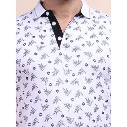 Rosolly Men's Casual Cotton Printed Polo Neck Half Sleeve T-Shirt (White)