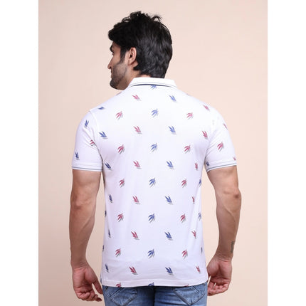 Rosolly Men's Casual Cotton Printed Polo Neck Half Sleeve T-Shirt (White)
