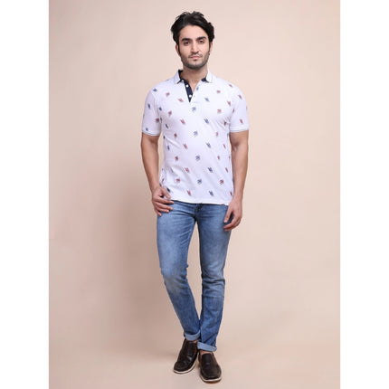 Rosolly Men's Casual Cotton Printed Polo Neck Half Sleeve T-Shirt (White)