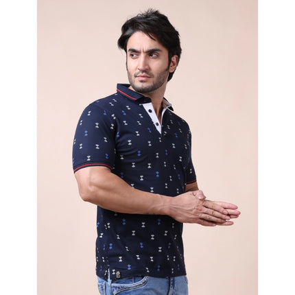 Rosolly Men's Casual Cotton Printed Polo Neck Half Sleeve T-Shirt (Navy)