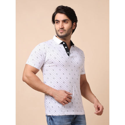 Rosolly Men's Casual Cotton Printed Polo Neck Half Sleeve T-Shirt (White)