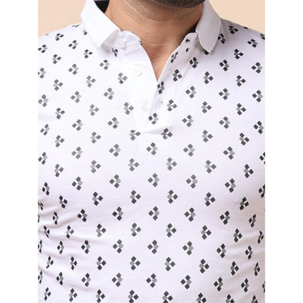 Rosolly Men's Casual Cotton Printed Polo Neck Half Sleeve T-Shirt (White)