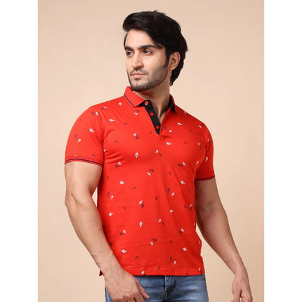 Rosolly Men's Casual Cotton Printed Polo Neck Half Sleeve T-Shirt (Red)