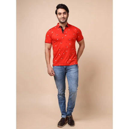 Rosolly Men's Casual Cotton Printed Polo Neck Half Sleeve T-Shirt (Red)