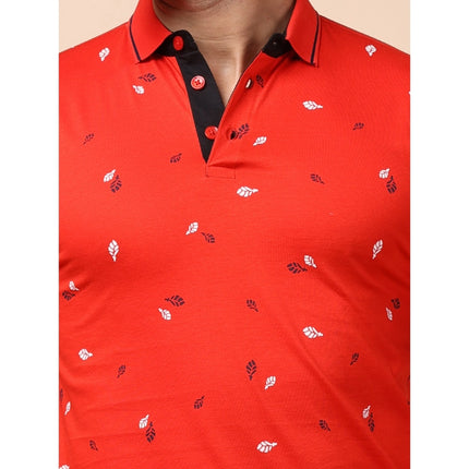 Rosolly Men's Casual Cotton Printed Polo Neck Half Sleeve T-Shirt (Red)
