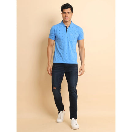 Rosolly Men's Casual Cotton Printed Polo Neck Half Sleeve T-Shirt (Blue)