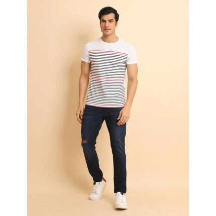 Rosolly Men's Casual Cotton Printed Round Neck Half Sleeve T-Shirt (White)