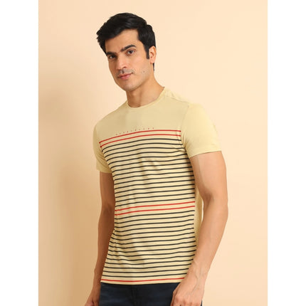 Rosolly Men's Casual Cotton Printed Round Neck Half Sleeve T-Shirt (Beige)