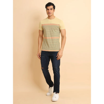 Rosolly Men's Casual Cotton Printed Round Neck Half Sleeve T-Shirt (Beige)
