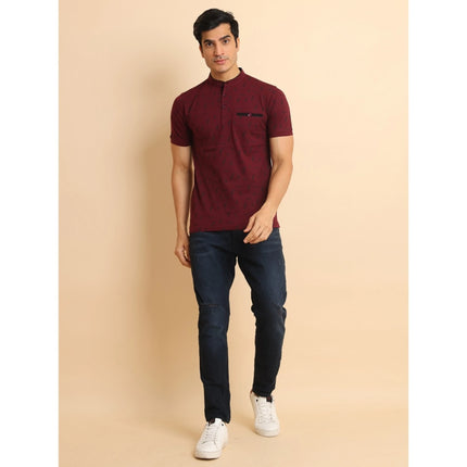 Rosolly Men's Casual Cotton Printed Mandarin Collar Half Sleeve T-Shirt (Plum)