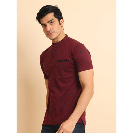 Rosolly Men's Casual Cotton Printed Mandarin Collar Half Sleeve T-Shirt (Plum)