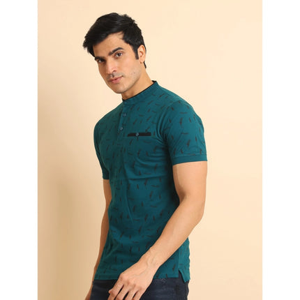 Rosolly Men's Casual Cotton Printed Mandarin Collar Half Sleeve T-Shirt (Green)