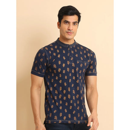 Rosolly Men's Casual Cotton Printed Mandarin Collar Half Sleeve T-Shirt (Navy)