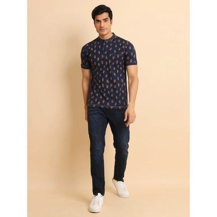 Rosolly Men's Casual Cotton Printed Mandarin Collar Half Sleeve T-Shirt (Navy)