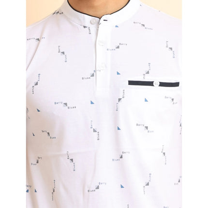 Rosolly Men's Casual Cotton Printed Mandarin Collar Half Sleeve T-Shirt (White)