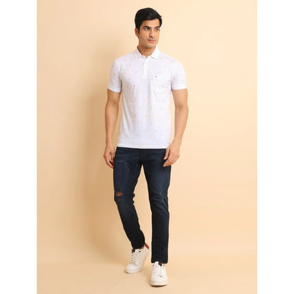 Rosolly Men's Casual Cotton Printed Polo Neck Half Sleeve T-Shirt (White)