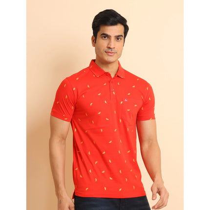Rosolly Men's Casual Cotton Printed Polo Neck Half Sleeve T-Shirt (Red)