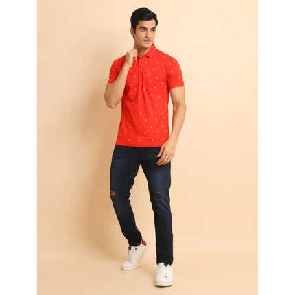 Rosolly Men's Casual Cotton Printed Polo Neck Half Sleeve T-Shirt (Red)