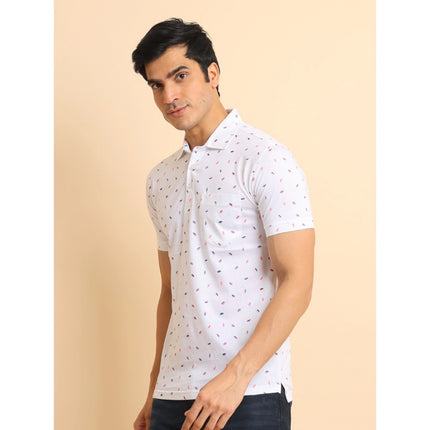 Rosolly Men's Casual Cotton Printed Polo Neck Half Sleeve T-Shirt (White)