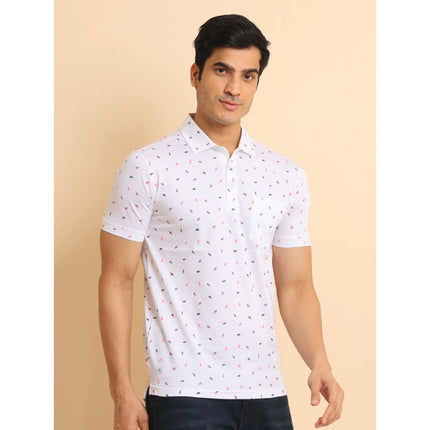 Rosolly Men's Casual Cotton Printed Polo Neck Half Sleeve T-Shirt (White)