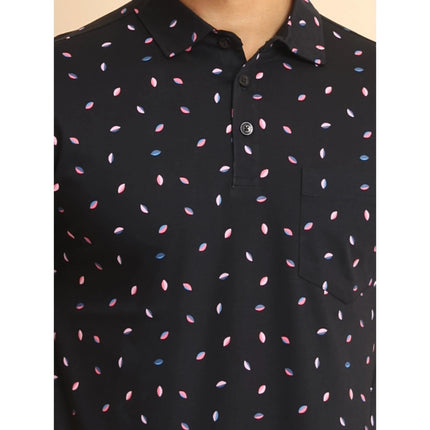 Rosolly Men's Casual Cotton Printed Polo Neck Half Sleeve T-Shirt (Black)