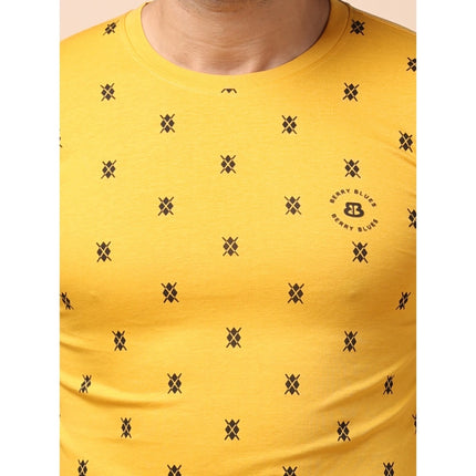 Rosolly Men's Casual Cotton Printed Round Neck Full Sleeve T-Shirt (Mustard)