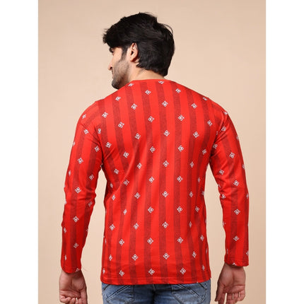 Rosolly Men's Casual Cotton Printed Round Neck Full Sleeve T-Shirt (Red)