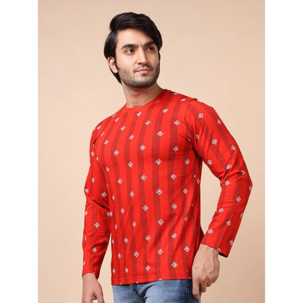 Rosolly Men's Casual Cotton Printed Round Neck Full Sleeve T-Shirt (Red)