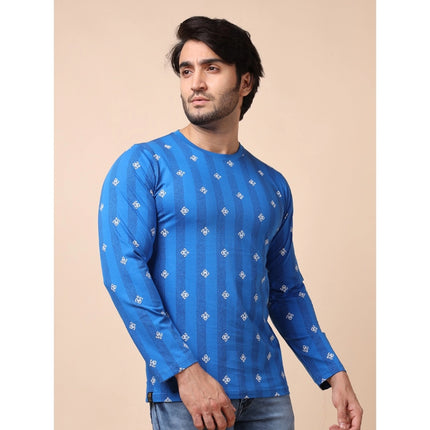 Rosolly Men's Casual Cotton Printed Round Neck Full Sleeve T-Shirt (Blue)
