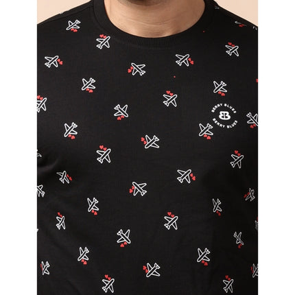 Rosolly Men's Casual Cotton Printed Round Neck Full Sleeve Sweat Shirt (Black)