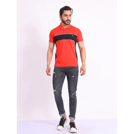 Rosolly Men's Casual Cotton Printed Polo Neck Half Sleeve T-Shirt (Red)