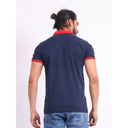 Rosolly Men's Casual Cotton Printed Polo Neck Half Sleeve T-Shirt (Navy)