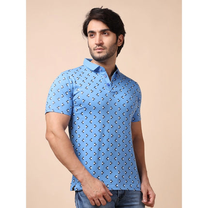 Rosolly Men's Casual Cotton Printed Polo Neck Half Sleeve T-Shirt (Blue)