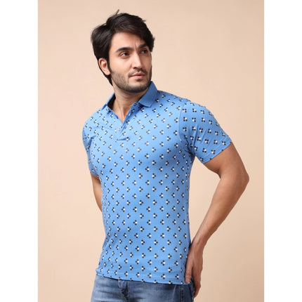 Rosolly Men's Casual Cotton Printed Polo Neck Half Sleeve T-Shirt (Blue)