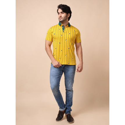 Rosolly Men's Casual Cotton Printed Polo Neck Half Sleeve T-Shirt (Yellow)