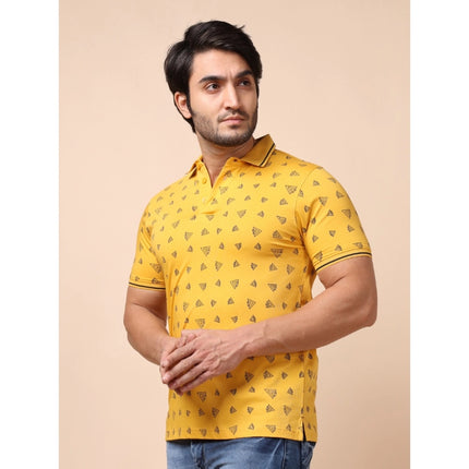 Rosolly Men's Casual Cotton Printed Polo Neck Half Sleeve T-Shirt (Mustard)