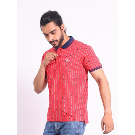 Rosolly Men's Casual Cotton Printed Polo Neck Half Sleeve T-Shirt (Red)