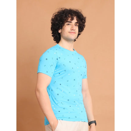 Rosolly Men's Casual Cotton Printed Round Neck Half Sleeve T-Shirt (Skyblue)