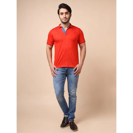 Rosolly Men's Casual Cotton Printed Polo Neck Half Sleeve T-Shirt (Red)