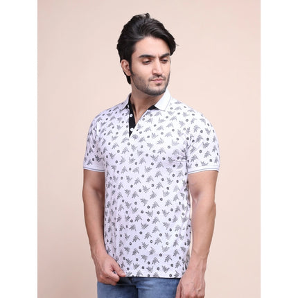 Rosolly Men's Casual Cotton Printed Polo Neck Half Sleeve T-Shirt (White)