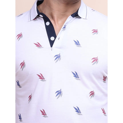 Rosolly Men's Casual Cotton Printed Polo Neck Half Sleeve T-Shirt (White)