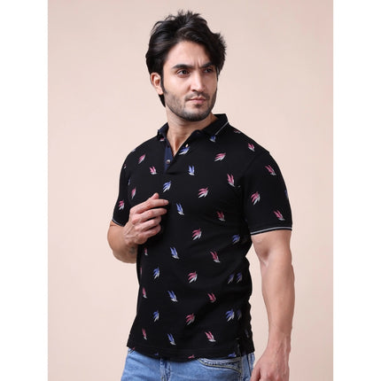 Rosolly Men's Casual Cotton Printed Polo Neck Half Sleeve T-Shirt (Black)